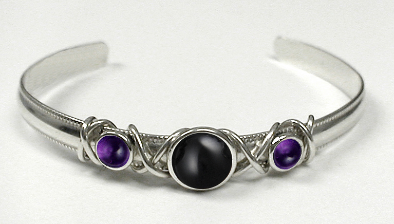 Sterling Silver Hand Made Cuff Bracelet With Black Onyx And Amethyst